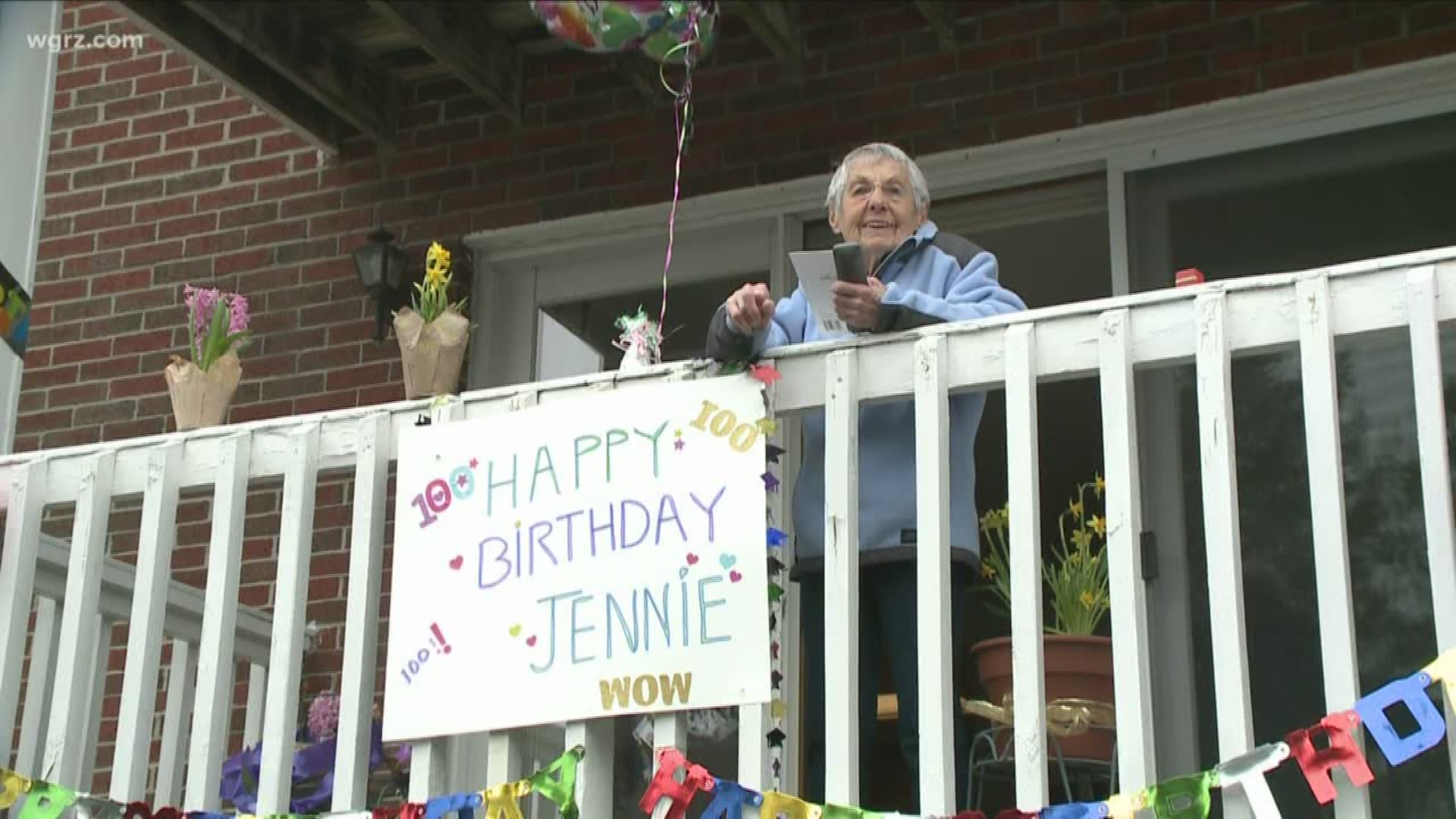 So her friends and co-workers from Millard Fillmore Hospital where she volunteers - came by her porch with a parade today to wish her a happy birthday...