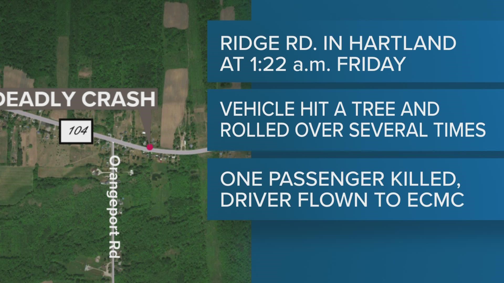 The sheriff's office says the car was driving on Ridge Road near Orangeport Road in the town of Hartland at around one this morning...