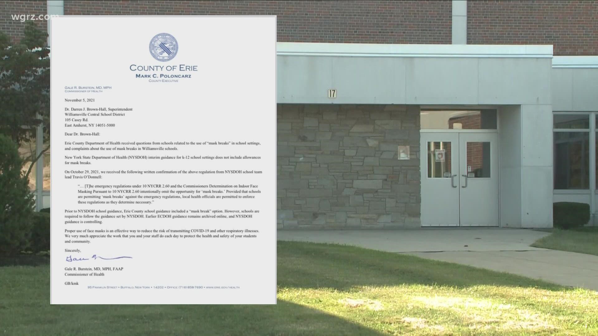 The Williamsville School District was sent a warning from the county health department because they were allowing indoor masks breaks in their schools.