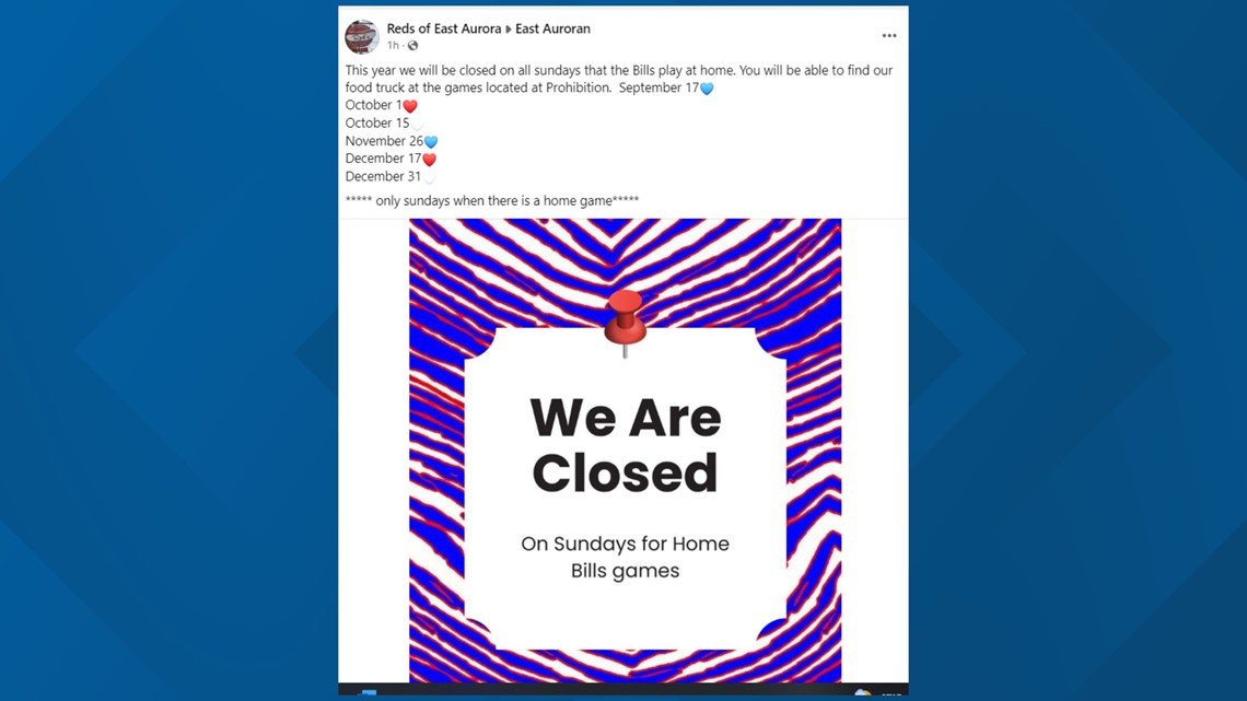 East Aurora restaurant announces they will close every Sunday home game  during Bills season