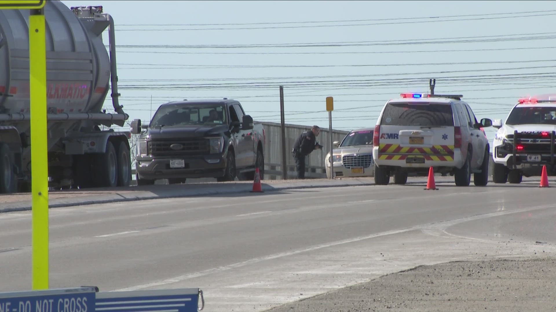 Police said, "The pedestrian appeared to step off the curb and was struck by a passing truck. The pedestrian was declared deceased at the scene."