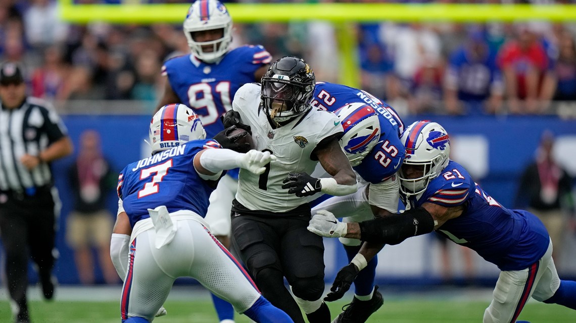 Linebacker Christian Benford of the Buffalo Bills warms up before