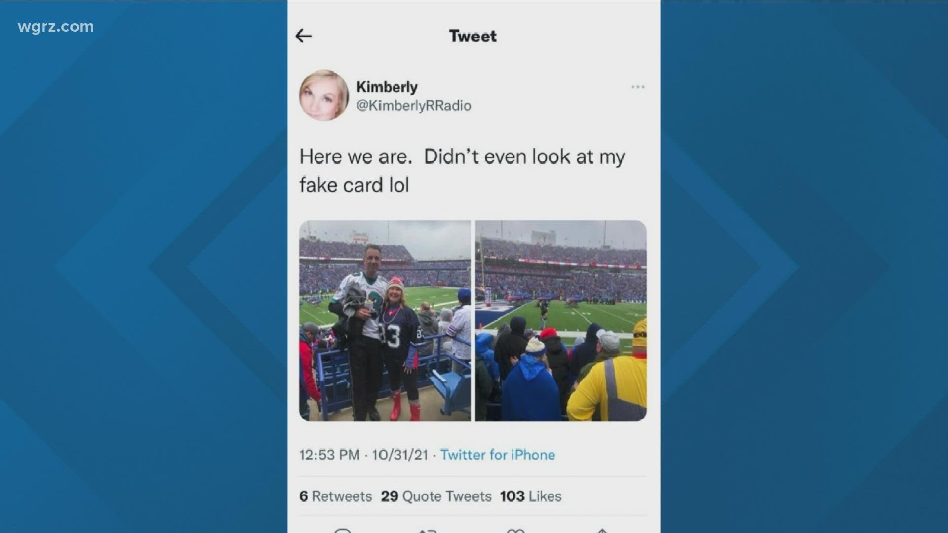 Bills' fan makes a very public claim that she got into the game with a fake vaccine card,