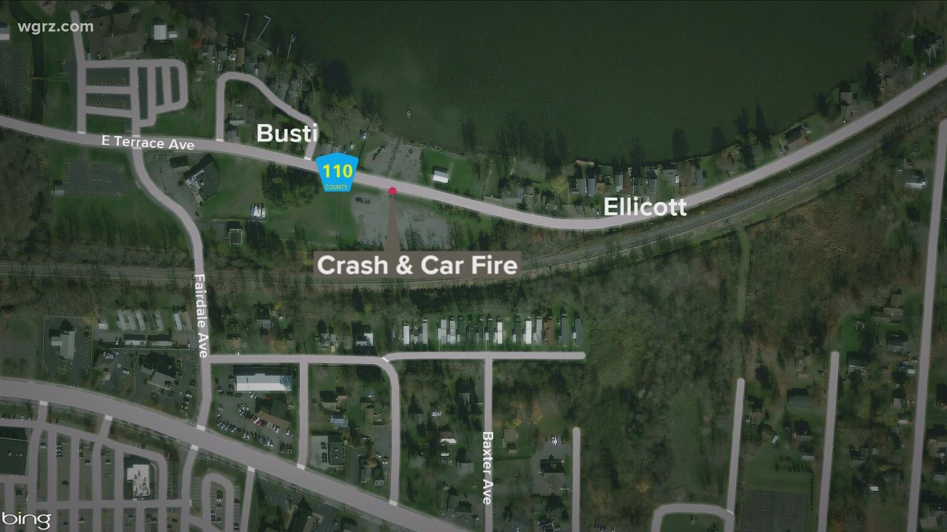 The Lakewood Fire Department in Chautauqua County says one person is dead after a crash and car fire near the community dog park on East Terrace Ave.