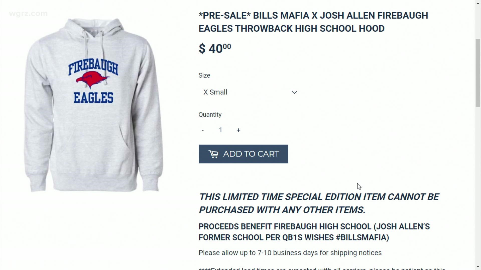 The sweatshirts are being sold here in Buffalo; however, the proceeds will go back to Allen's alma mater in California.