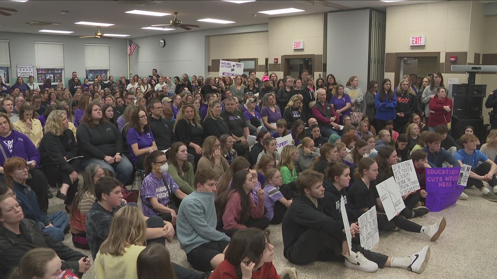 Hundreds of community members turn out to the Hamburg school board meeting to find out why 17 teachers are being laid off