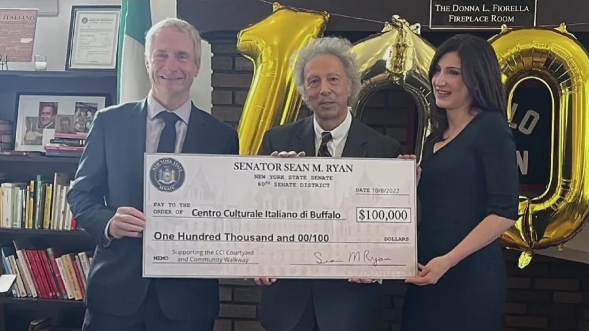 Senator Ryan presented a check for $100,000 to Executive Director John Vecchio and Deputy Director Lindsey Lauren Visser at Centro Culturale Italiano di Buffalo.