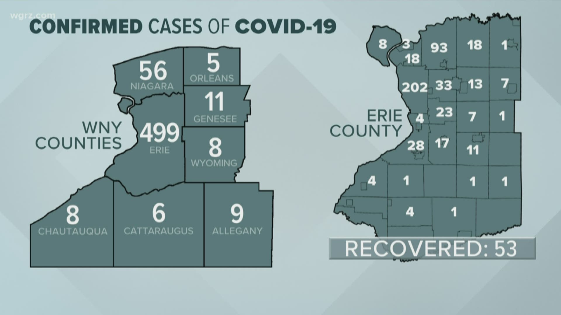 Of the 499 cases in Erie County, 53 of those people have recovered.  A majority of these cases are in the city of Buffalo, with 202 confirmed there.