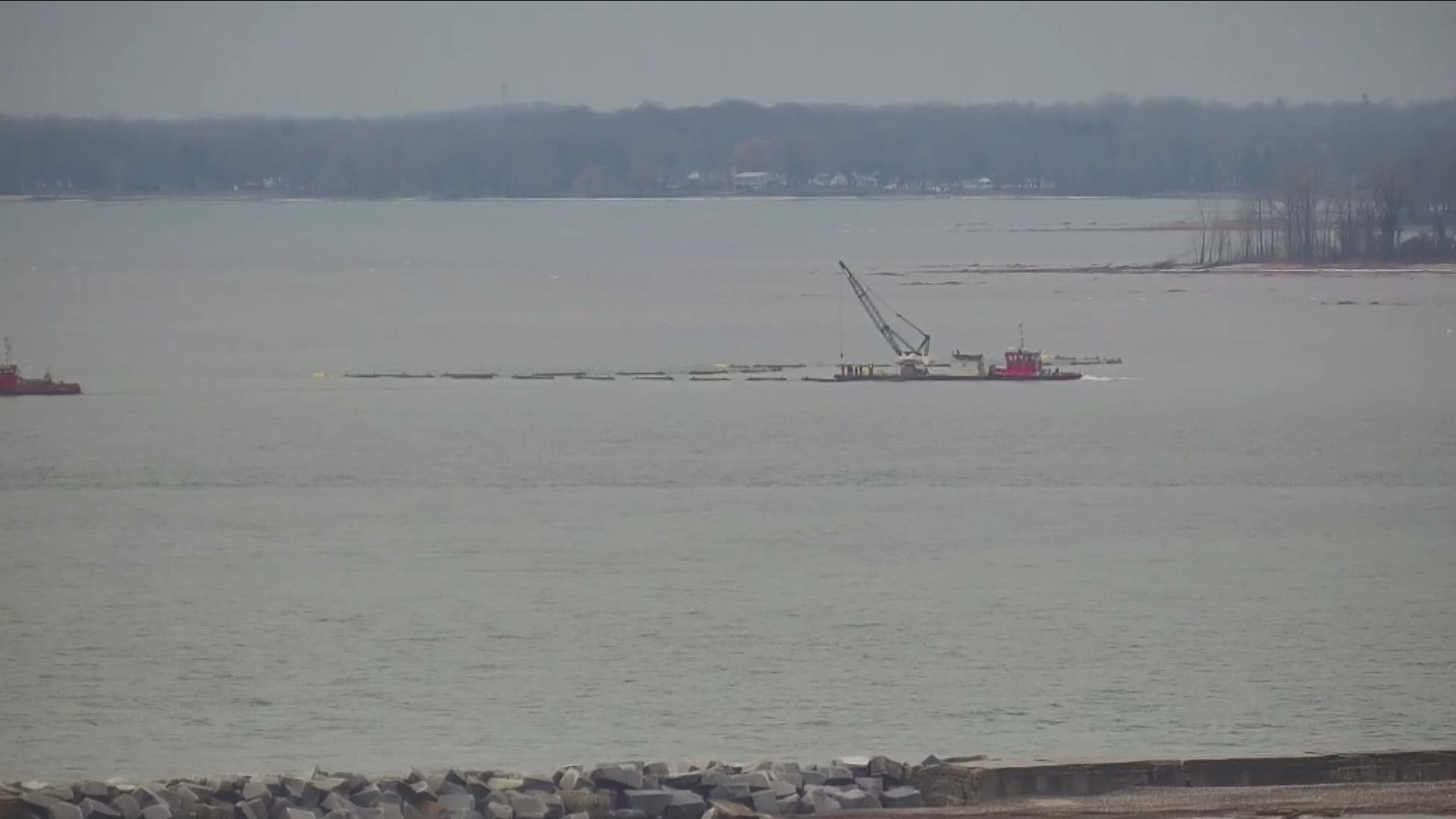 The ice boom installed at the mouth of the Niagara River