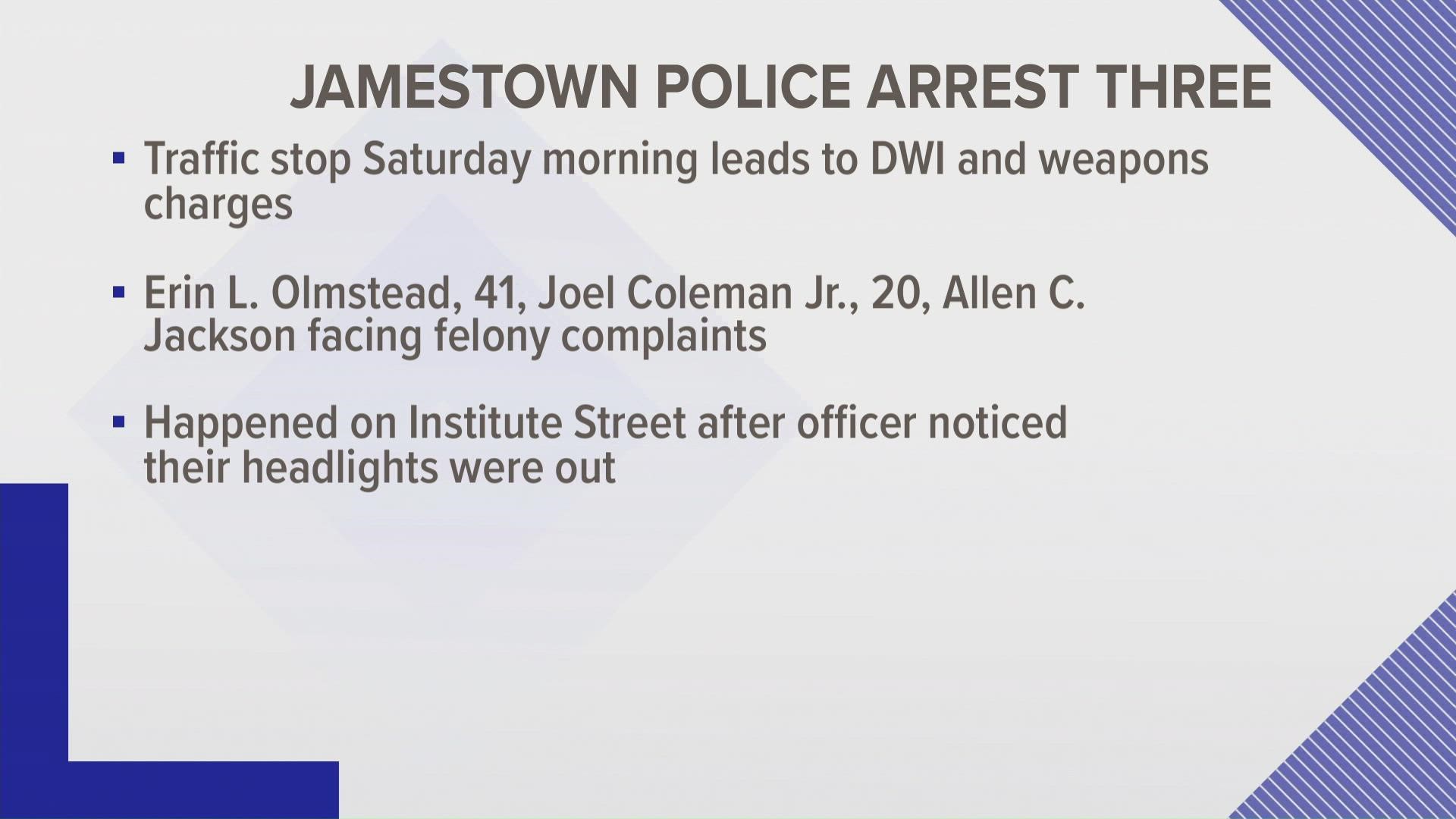 The Jamestown Police Department arrested three people after a traffic stop Saturday morning.