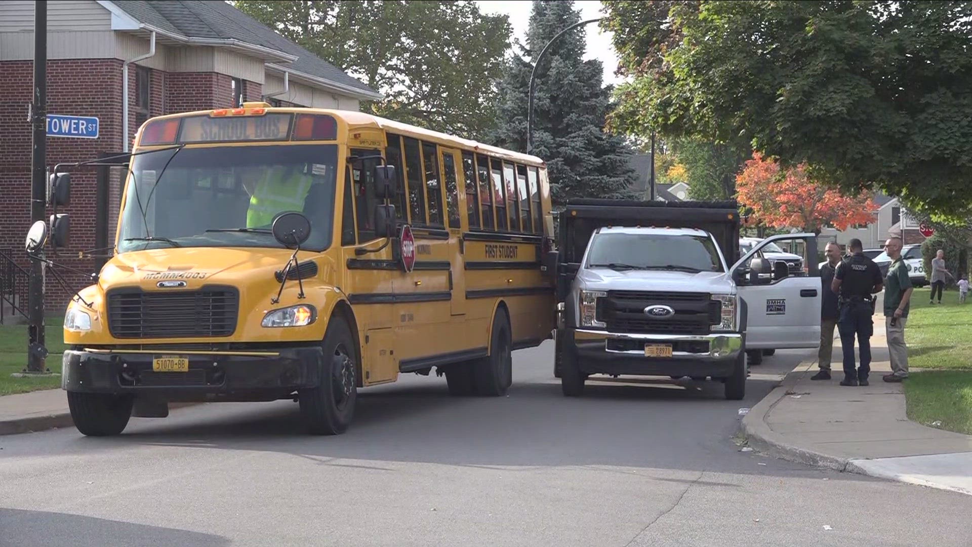 accident involving a school bus and a truck around 9-10 this morning. 
It happened on Tower Street just north of Langfield Drive.