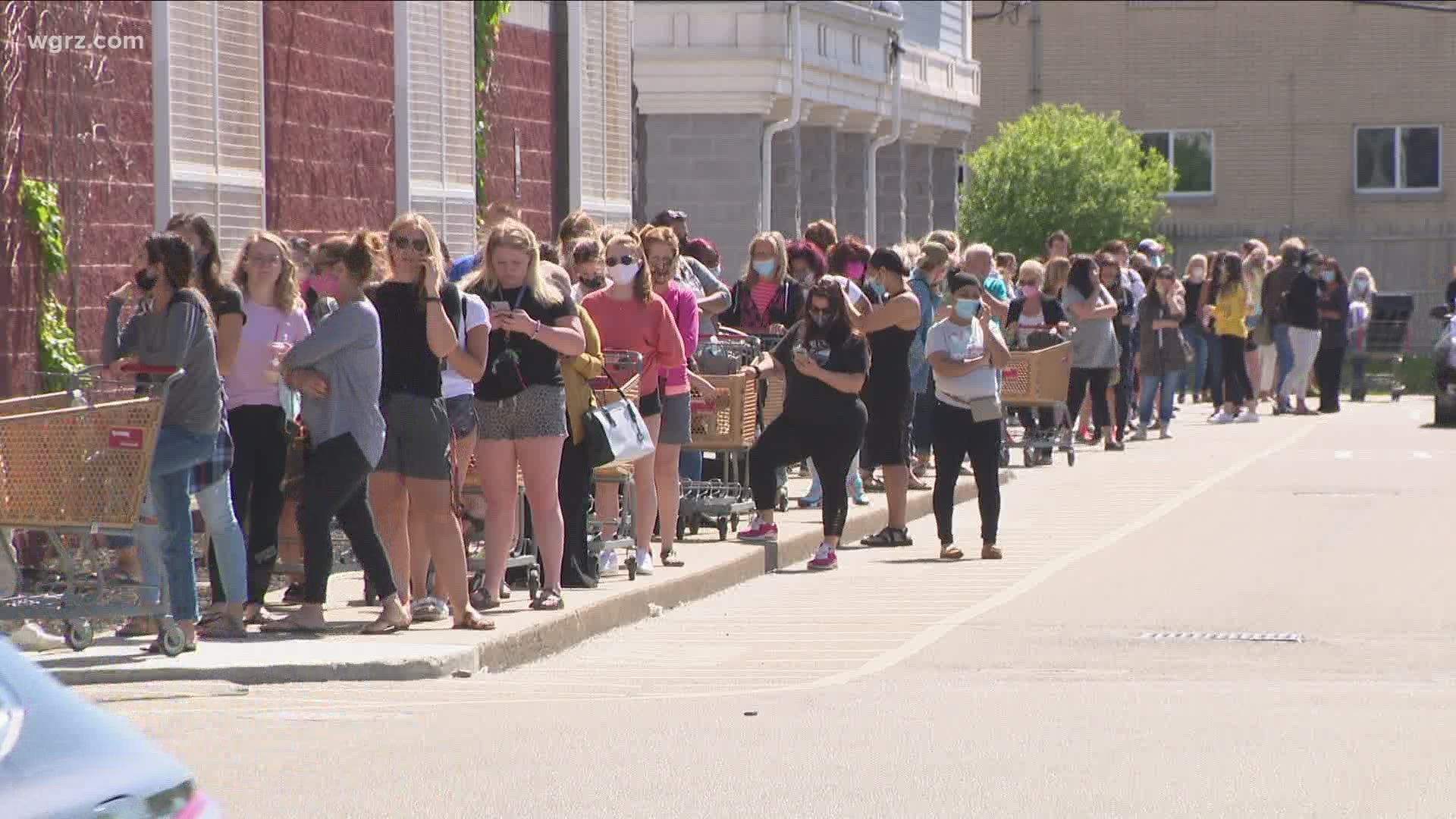 There were long lines outside of TJ Maxx in Amherst on Monday morning. The store opened for the first time since March due to the Coronavirus.