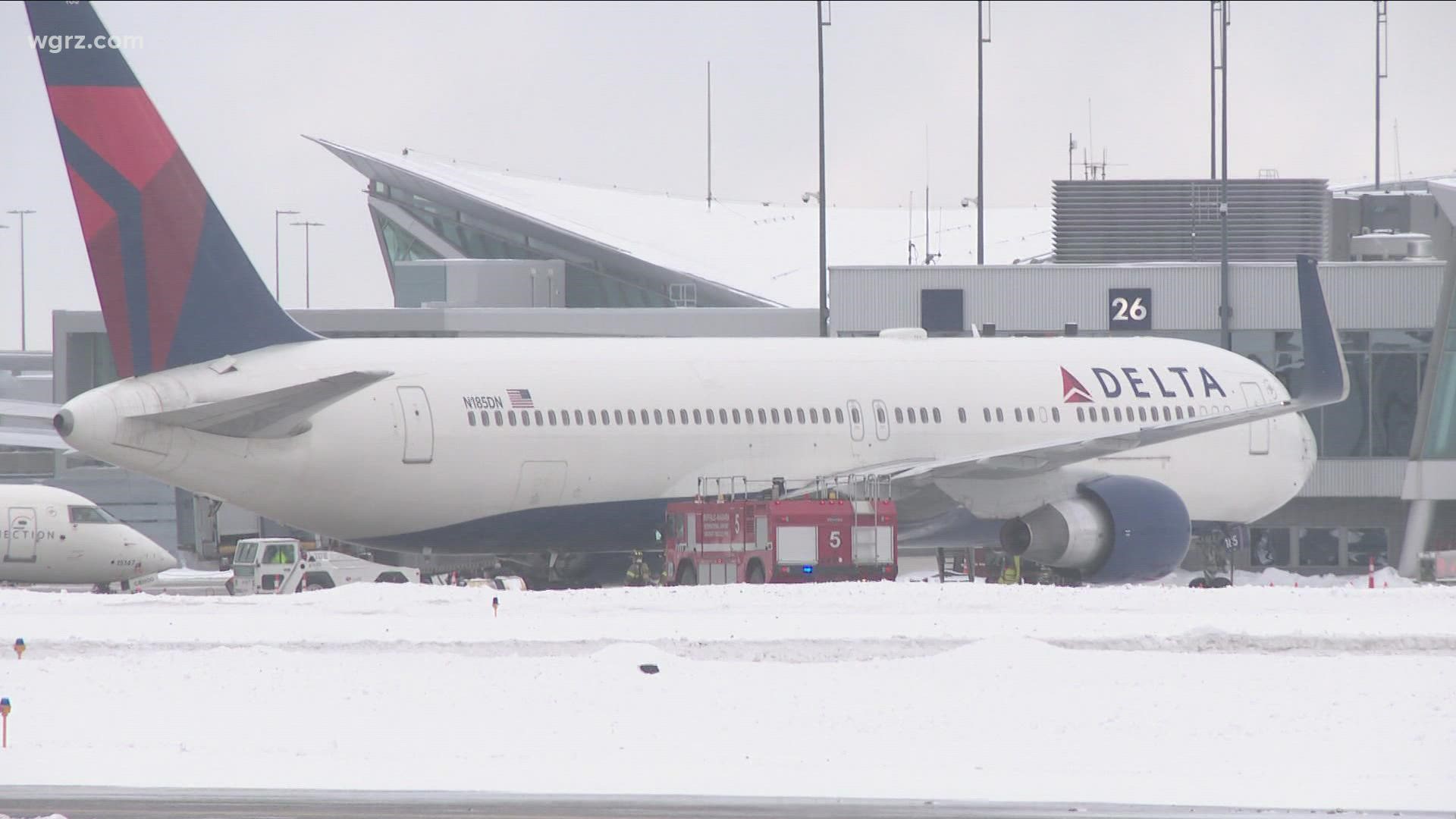 A Delta flight from New York to Los Angeles has landed safely here in Buffalo after being diverted because pilots smelled smoke in the cockpit.