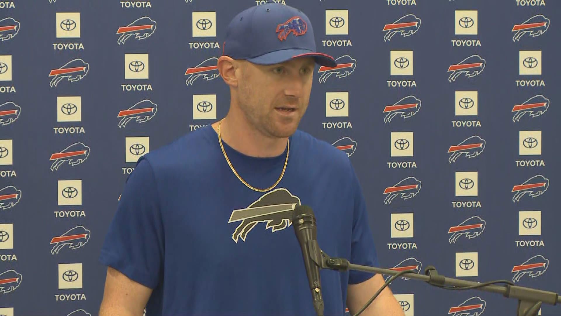 Bills head coach Joe Brady meets the media after 37-34 win over LA Rams