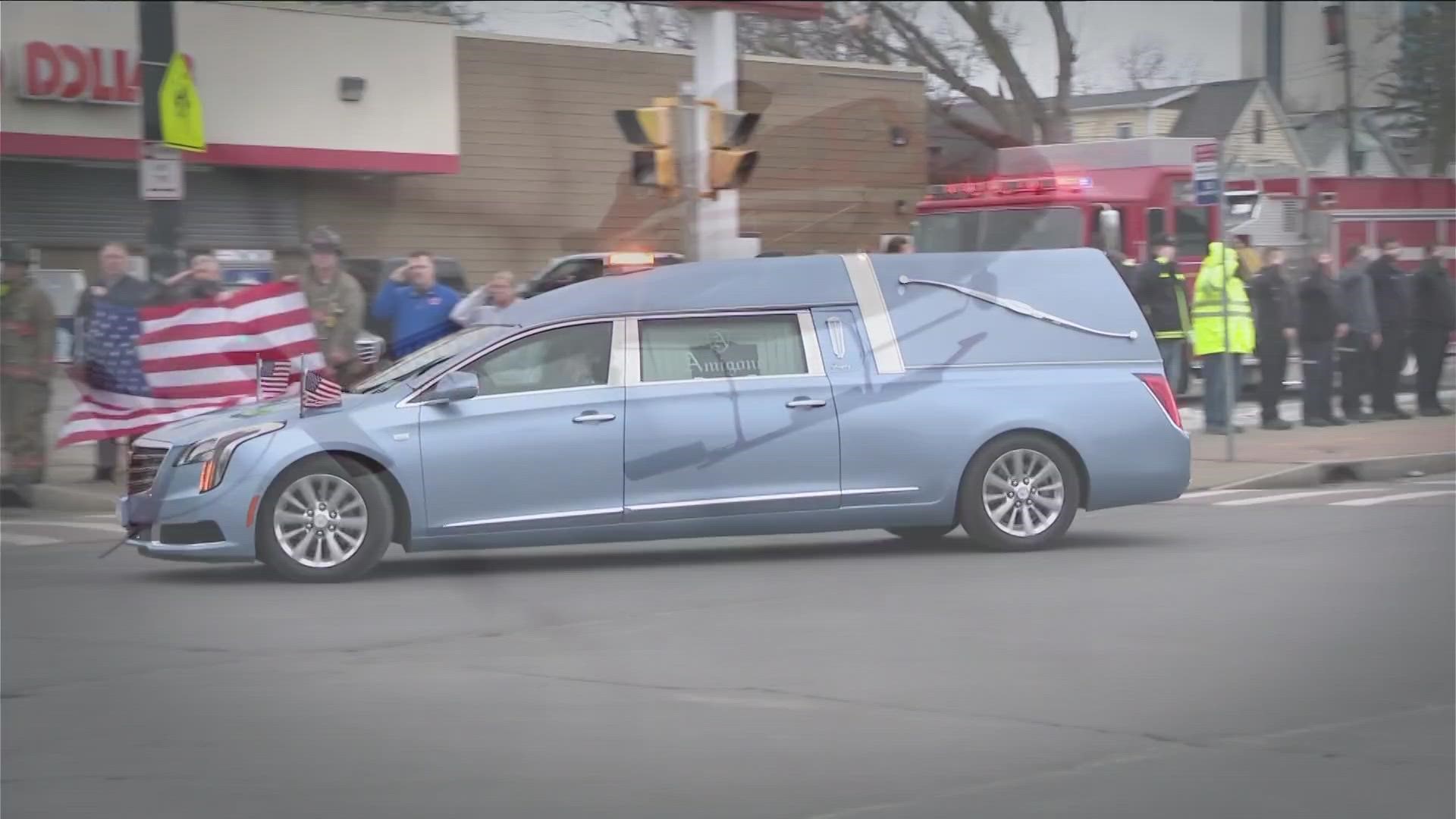 First responders gathered Friday for a special procession of a hearse carrying the remains of Jason Arno from ECMC to the Amigone Funeral Home.