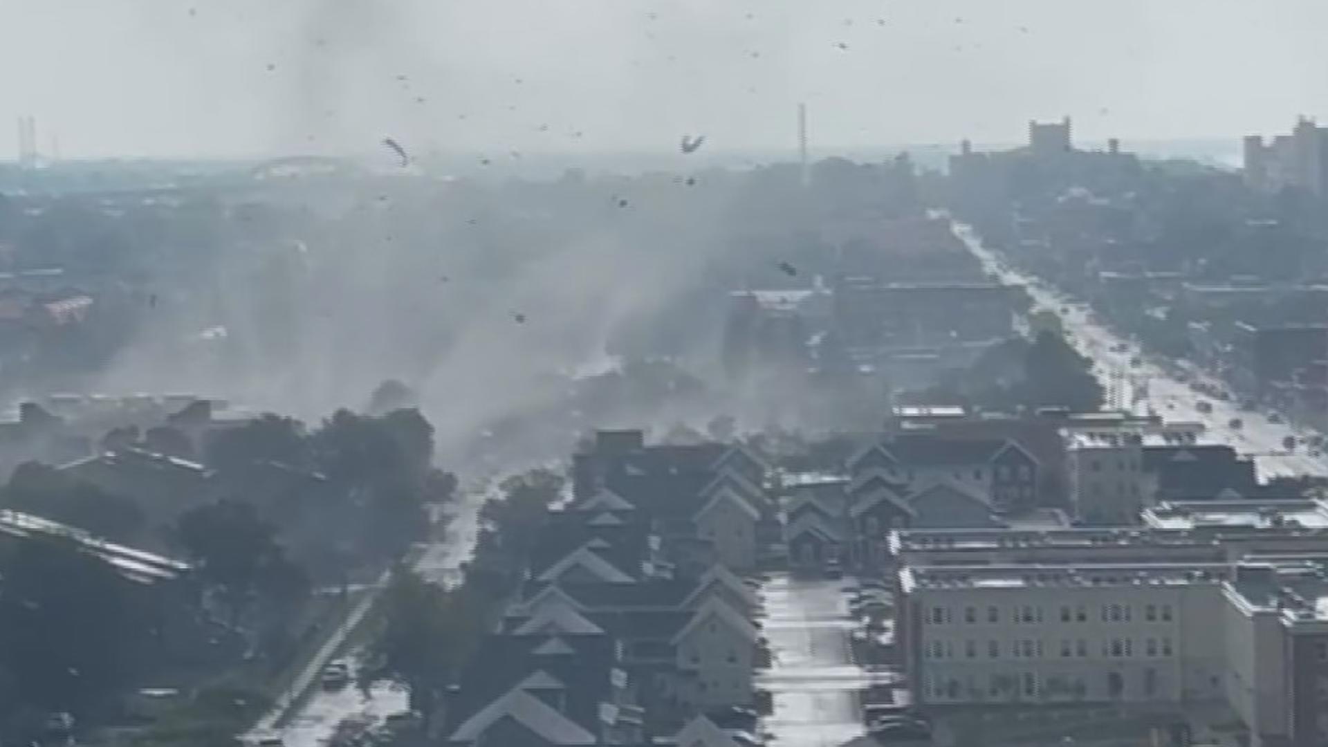 A strong storm caused several trees and limbs to go down around downtown Buffalo.   It also  took the roof off a building on Niagara and Carolina. Video by Andres V.