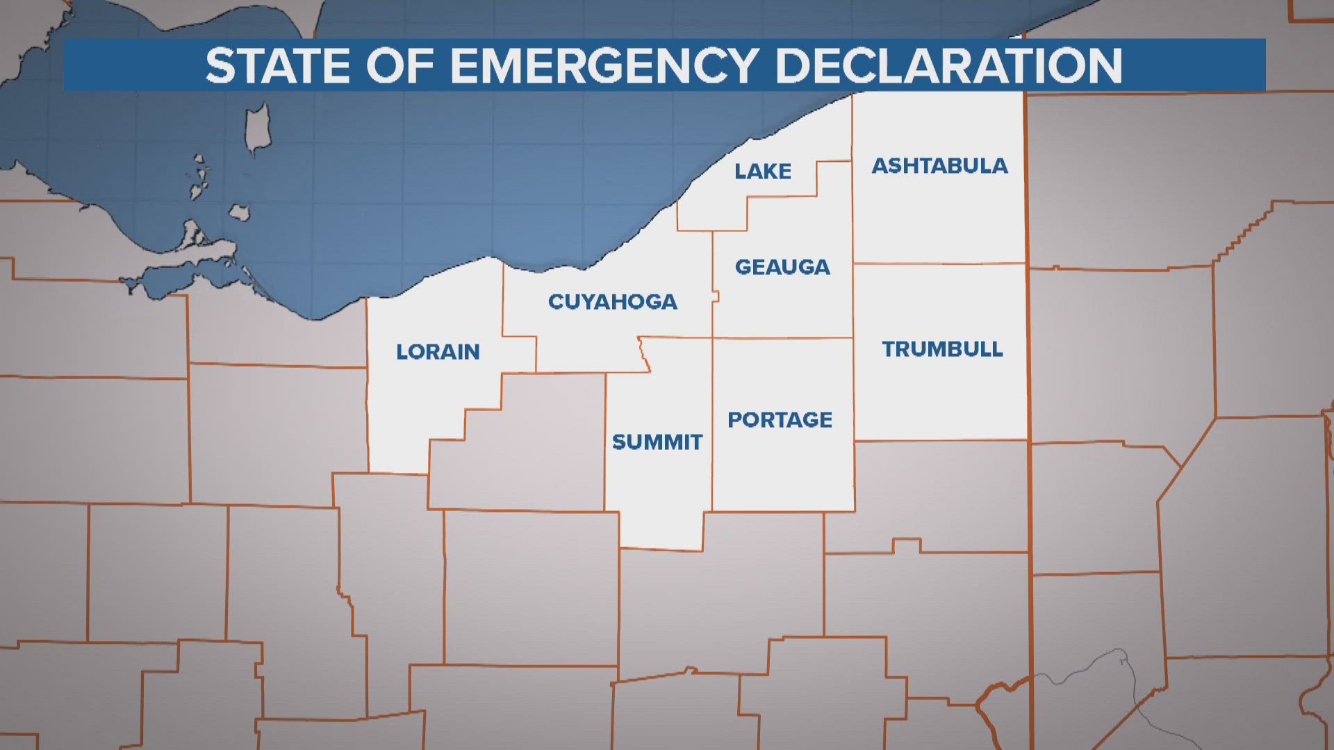 Ashtabula, Cuyahoga, Geauga, Lake, Lorain, Portage, Summit and Trumbull Counties are all included in the state of emergency.