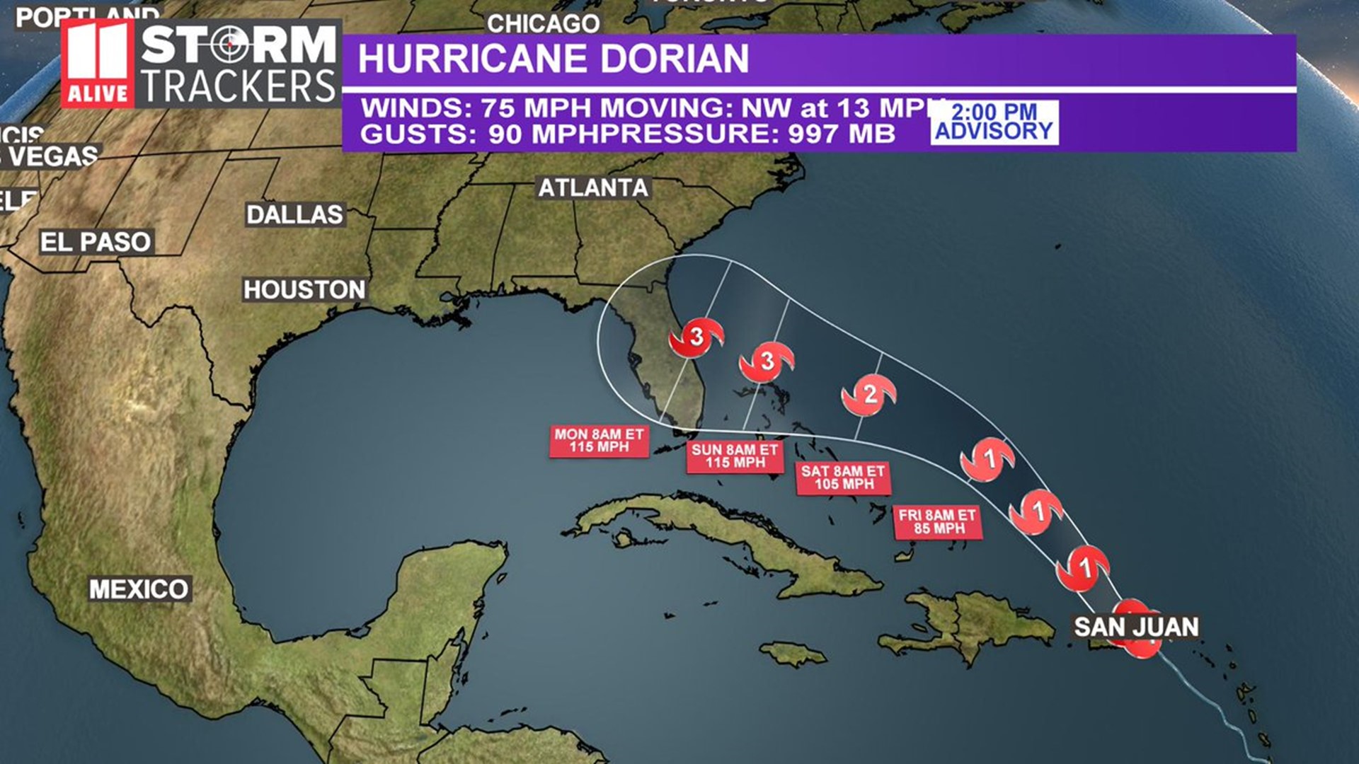 Dorian strengthens to hurricane, could be Cat. 3 approaching U.S.