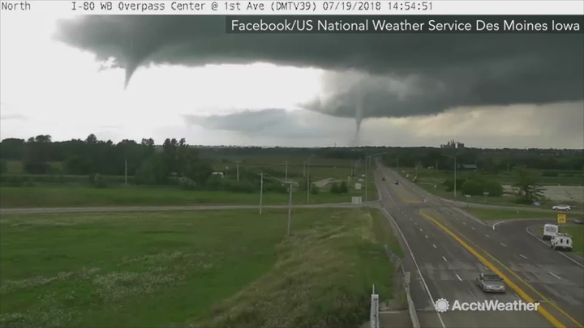 This Iowa Department of Transportation traffic camera captured the two Bondurant tornadoes on July 19. This camera is on I-80 westbound at 1st avenue in Altoona, Iowa. 
